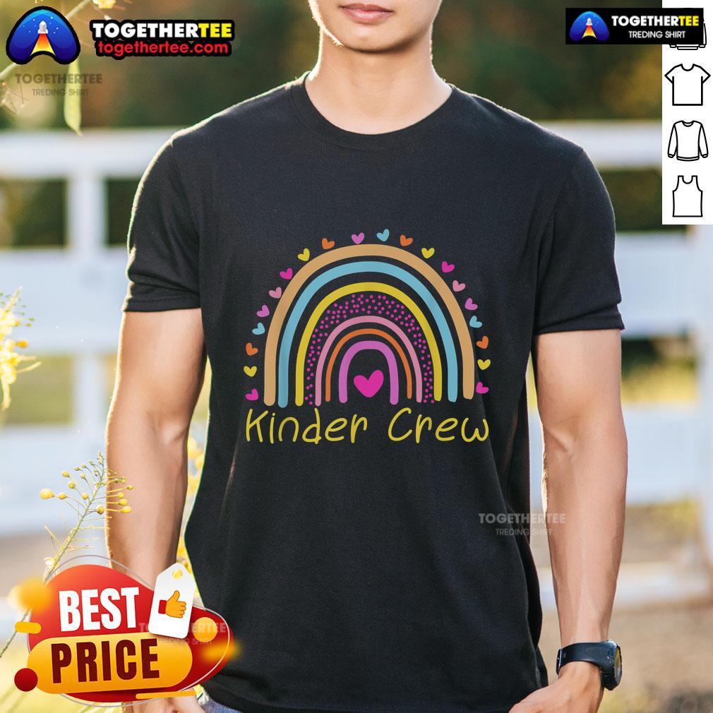 Alt Text: Nice Kinder Crew Kindergarten Teacher T-Shirt featuring a colorful rainbow heart design, perfect for educators.
