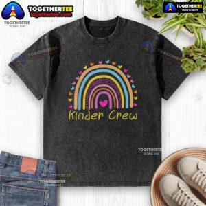 Colorful Nice Kinder Crew kindergarten teacher rainbow heart washed t-shirt, perfect for educators and children's activities.