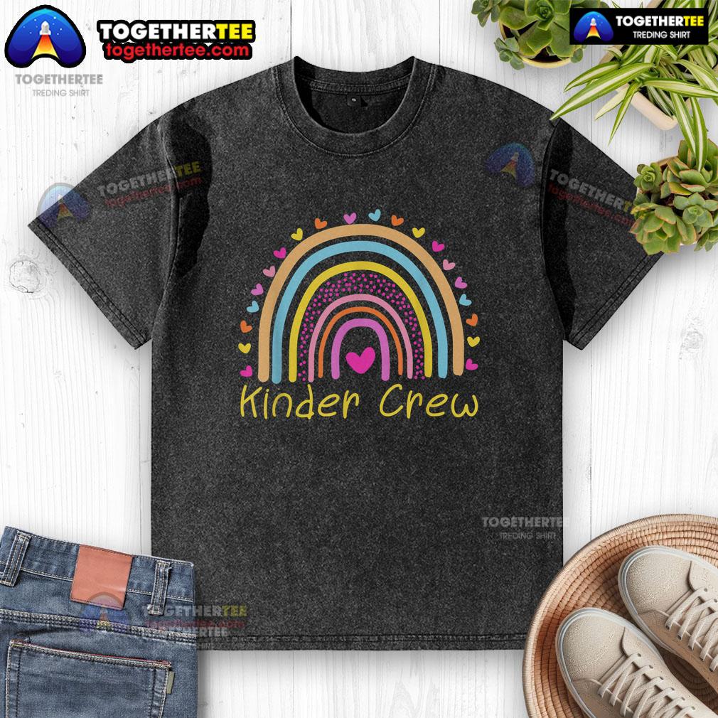 Colorful Nice Kinder Crew kindergarten teacher rainbow heart washed t-shirt, perfect for educators and children's activities.