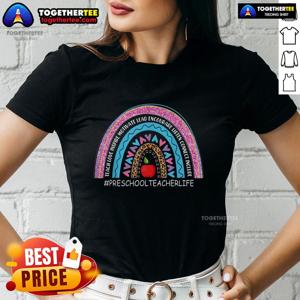 Nice preschool teacher wearing a rainbow tee with 'Love, Inspire, Lead, Motivate' text, perfect for educators.