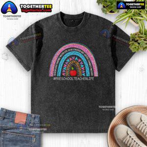 Alt Text: Colorful washed t-shirt featuring 'Love, Inspire, Lead, Motivate' for preschool teachers - Nice Preschool Teacher design.