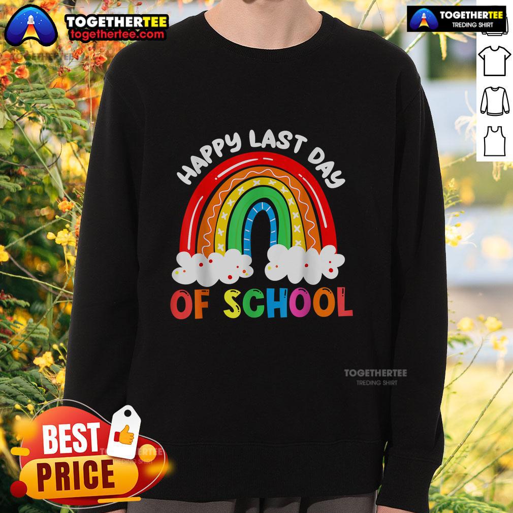 Colorful rainbow sweatshirt for kids celebrating the last day of school with a happy teacher and joyful boys and girls.