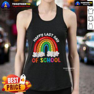Happy kids in a colorful tank top celebrating the last day of school with a rainbow design, perfect for boys and girls.