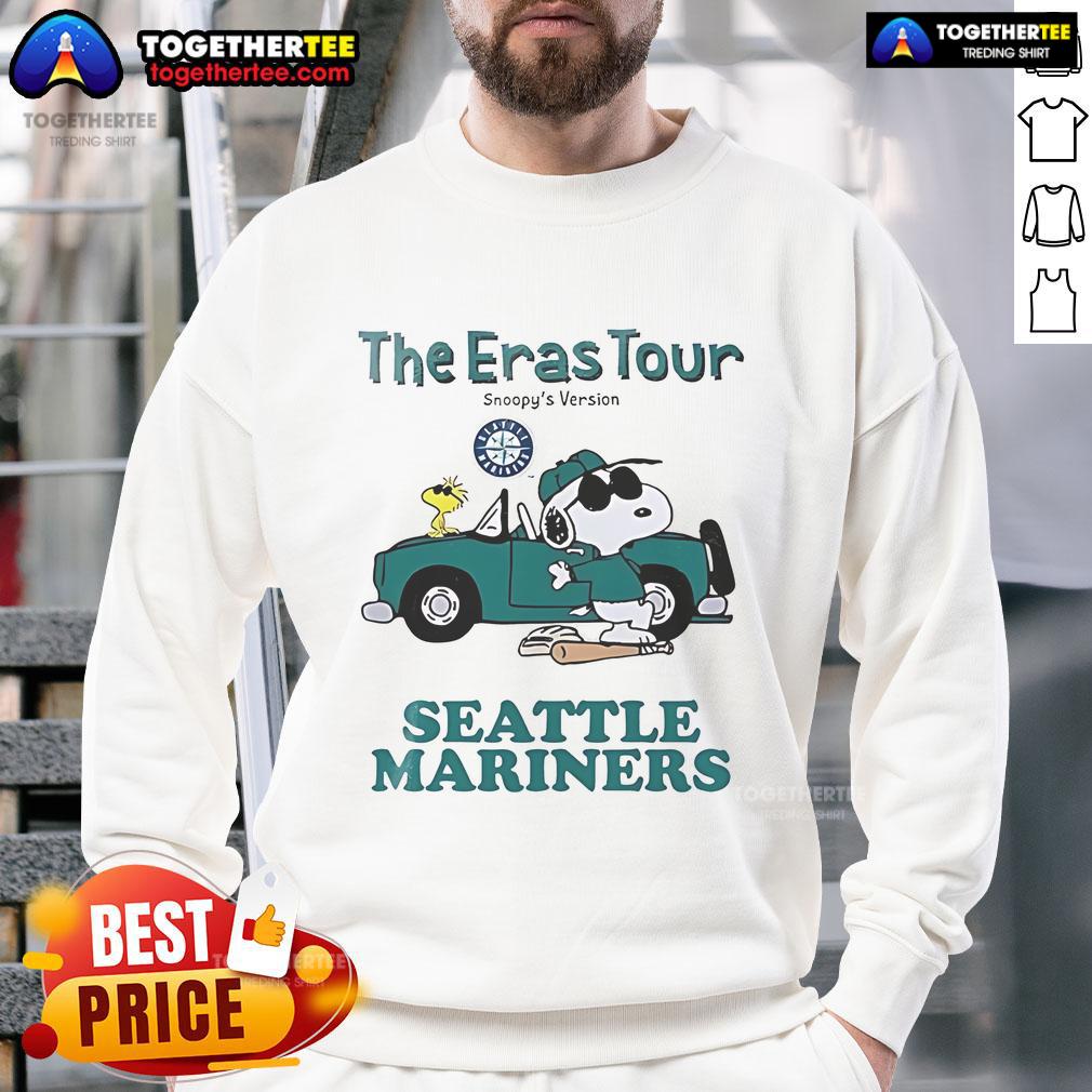 Alt Text: Cozy Snoopy sweatshirt featuring Seattle Mariners design from The Eras Tour, perfect for fans and casual wear.