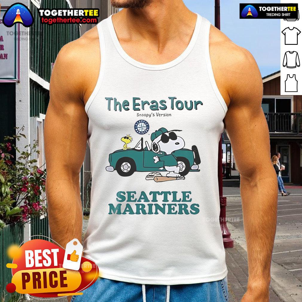 Alt Text: Cute Snoopy tank top featuring the Seattle Mariners logo, perfect for fans of The Eras Tour and casual summer wear.