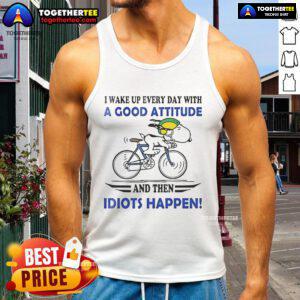 Tank top featuring Snoopy with the quote about waking up with a good attitude, perfect for casual, humorous wear.
