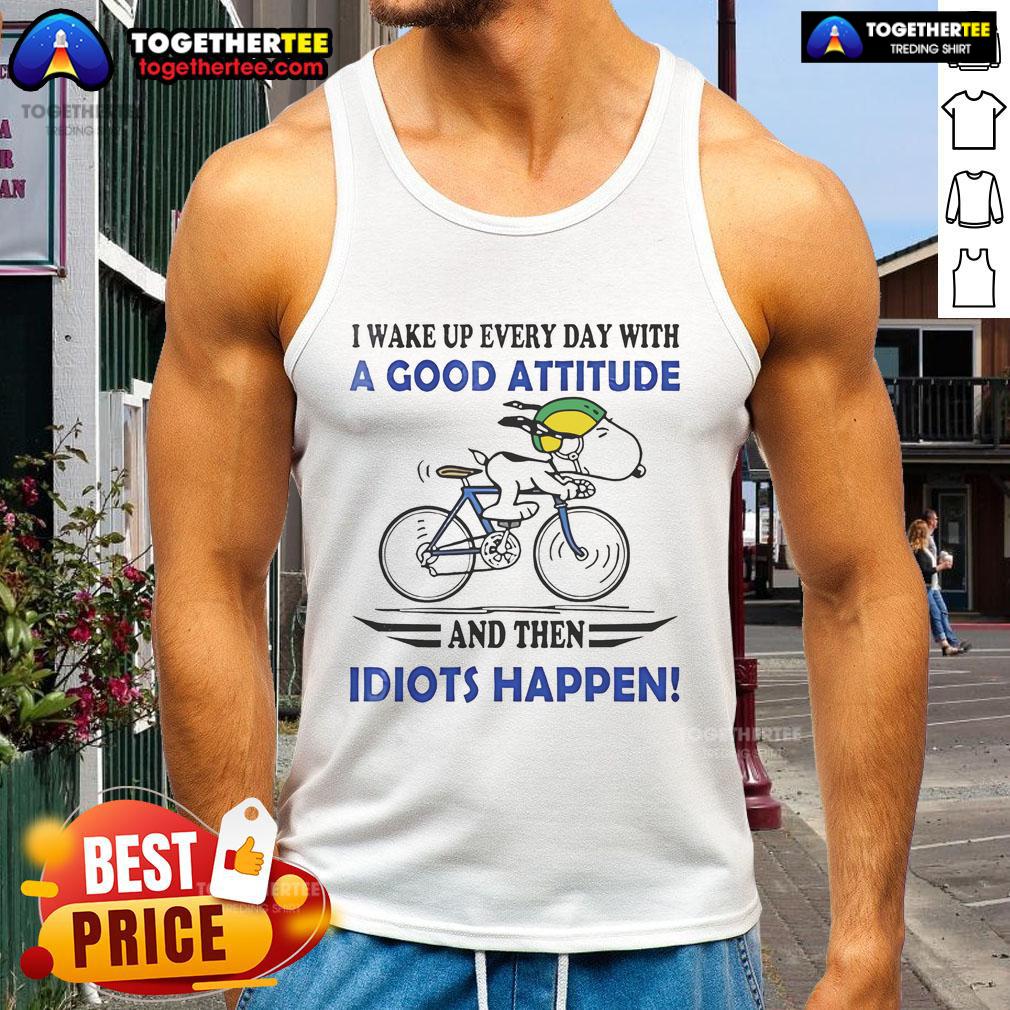 Tank top featuring Snoopy with the quote about waking up with a good attitude, perfect for casual, humorous wear.