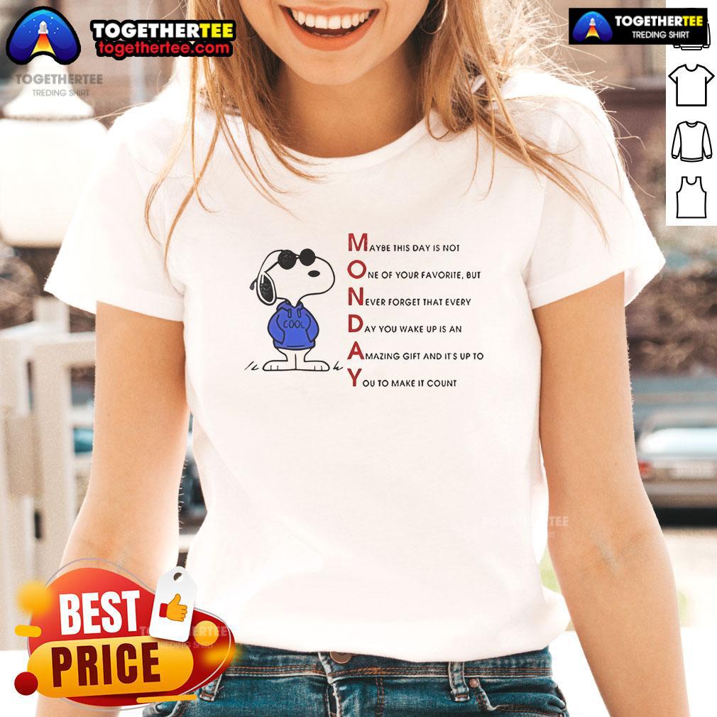 Nice Snoopy Monday t-shirt featuring a playful graphic, perfect for fans of Snoopy and casual women's fashion.