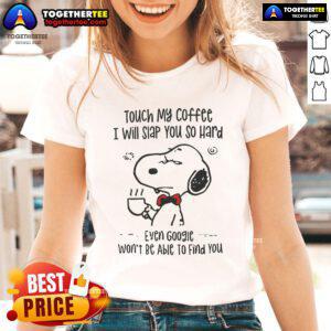 Funny ladies tee featuring Snoopy with the quote about coffee and humor, perfect for coffee lovers and Snoopy fans.