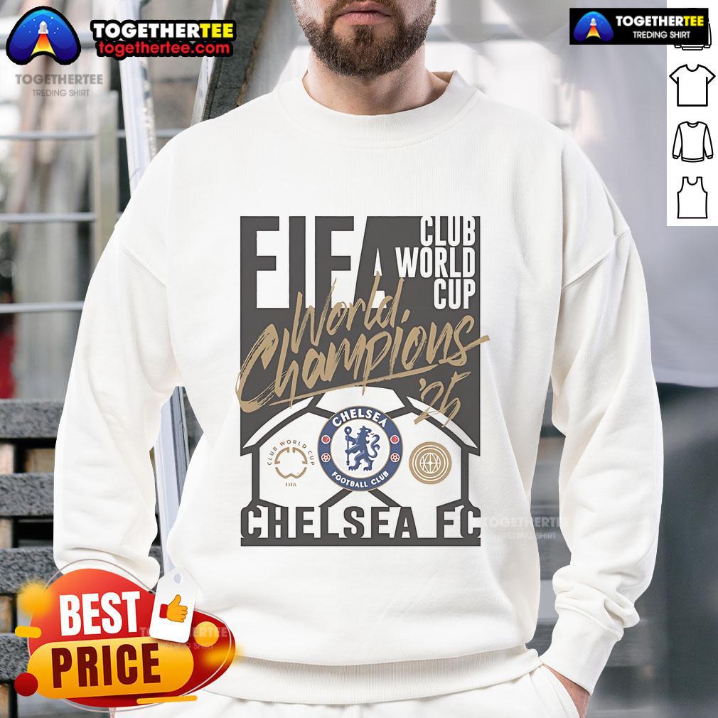 Alt Text: Official Chelsea 2025 FIFA Club World Cup Champions sweatshirt featuring team logo and commemorative design.