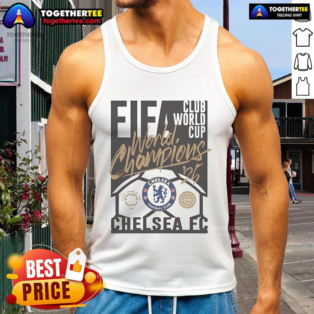 Official Chelsea 2025 FIFA Club World Cup Champions tank top featuring vibrant team colors and logo design.