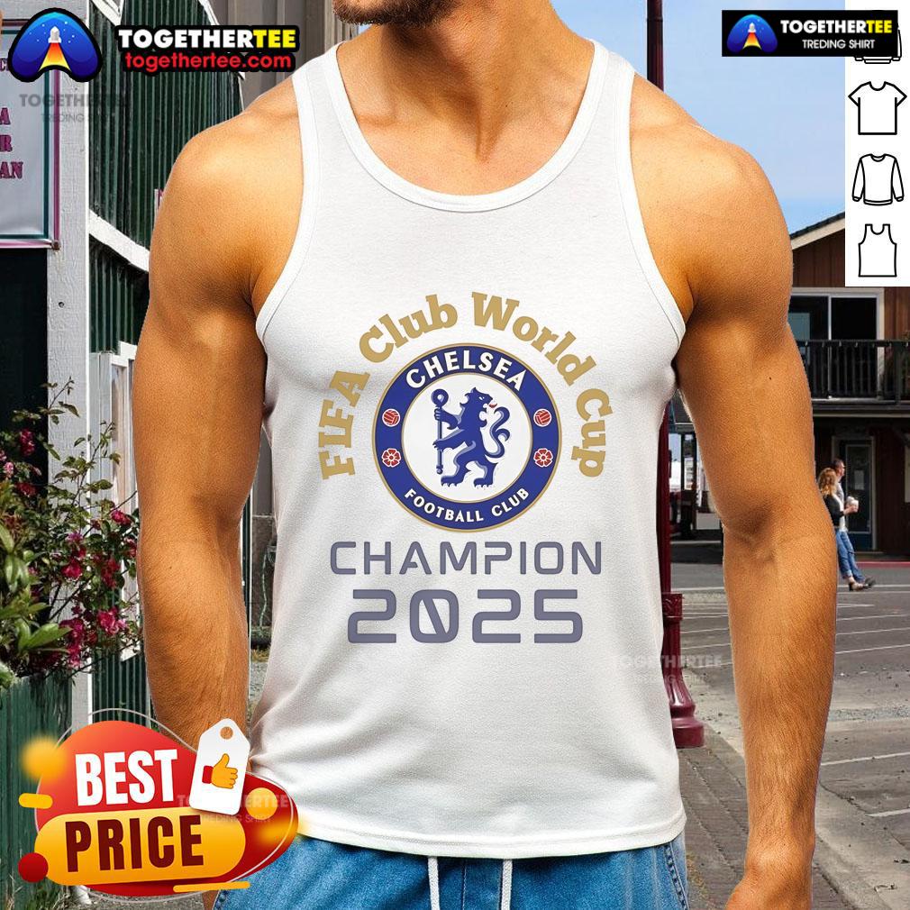 Official Chelsea FC FIFA Club World Cup 2025 Champion Tank Top featuring team logo and vibrant design.