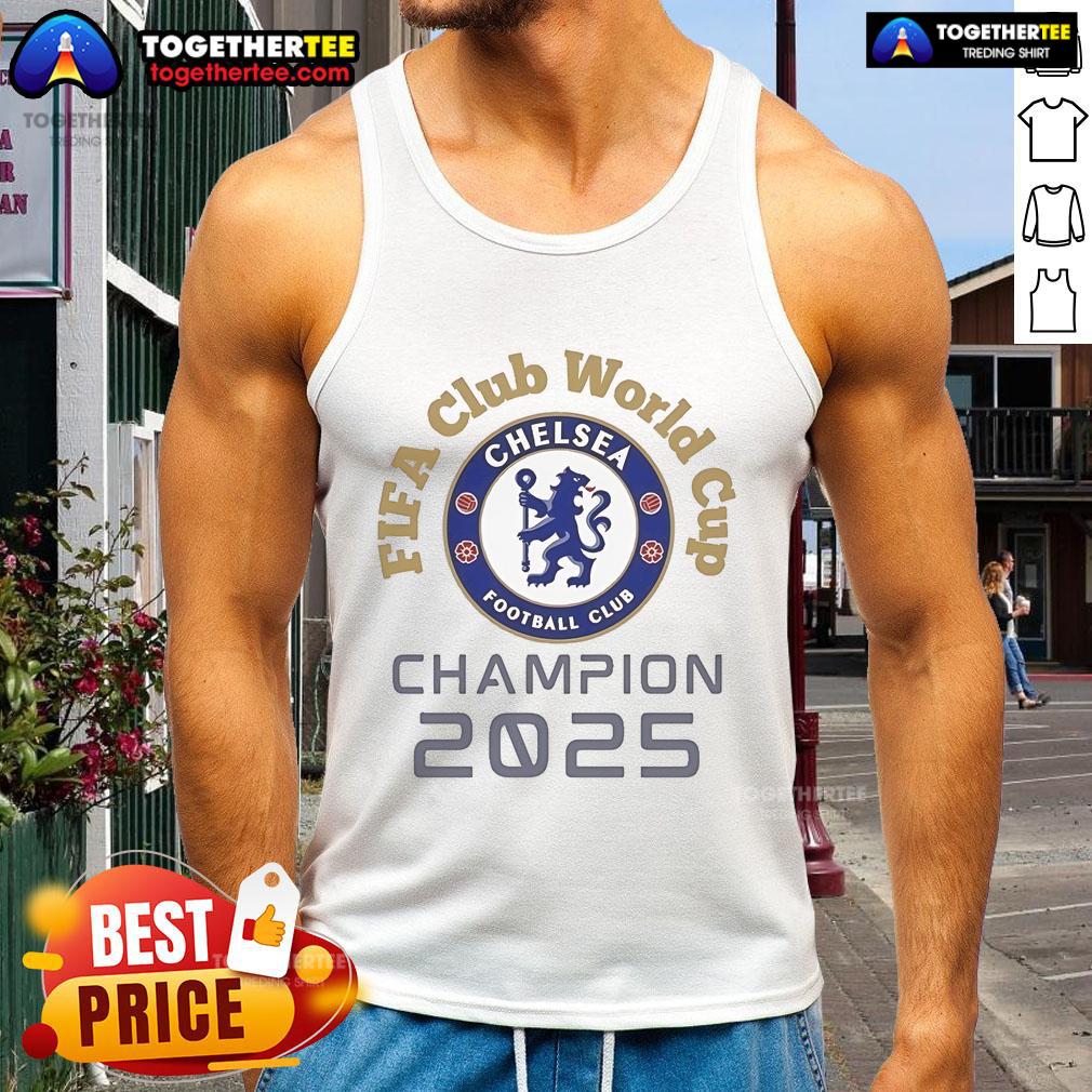 Alt Text: Official Chelsea FC FIFA Club World Cup Champion 2025 tank top featuring team logo and vibrant blue design.