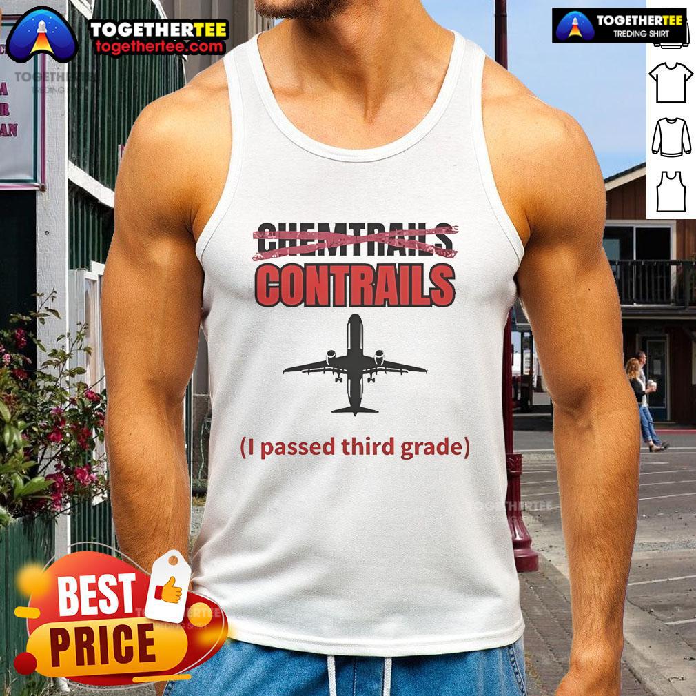 Person wearing 'I Passed Third Grade' tank top, featuring chemtrails and contrails design, outdoors in bright sunlight.