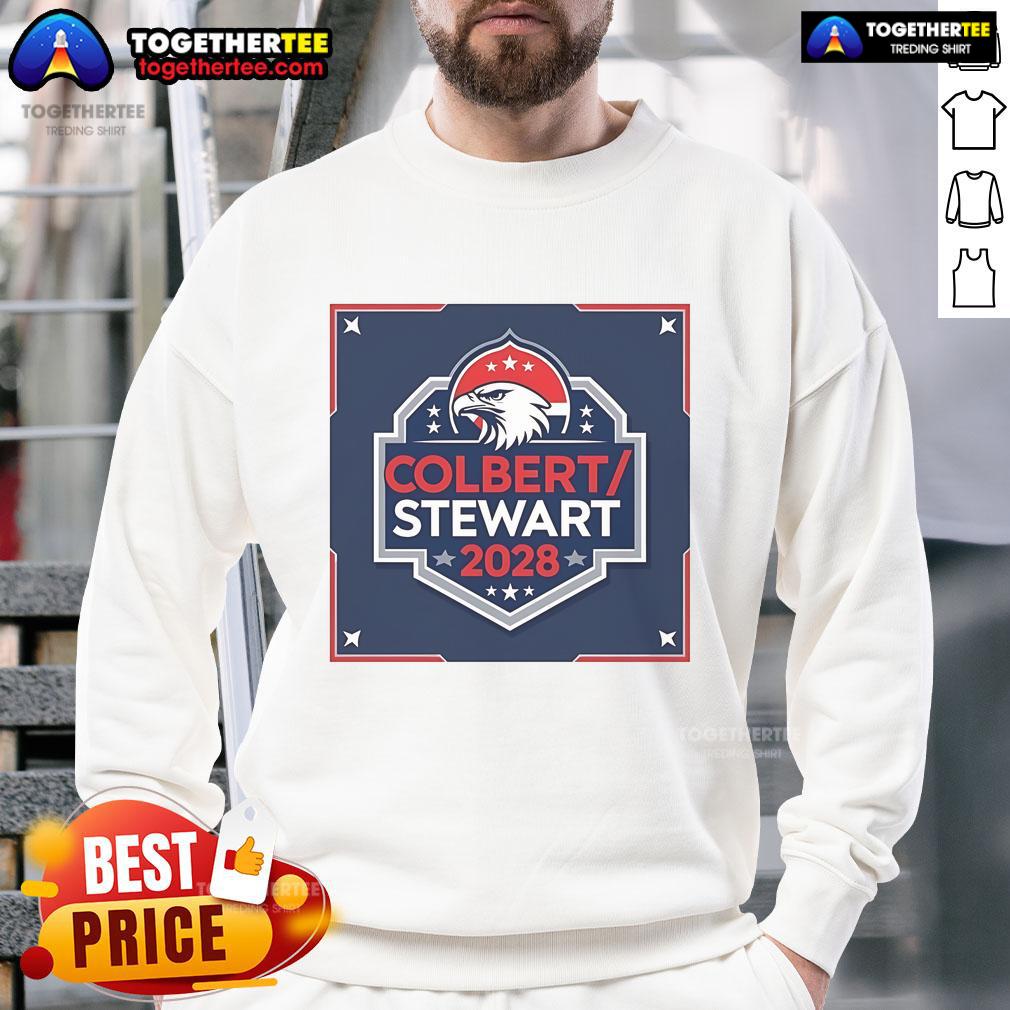 Alt Text: Official Colbert Stewart 2028 sweatshirt featuring a bold design and vibrant colors, perfect for campaign supporters.