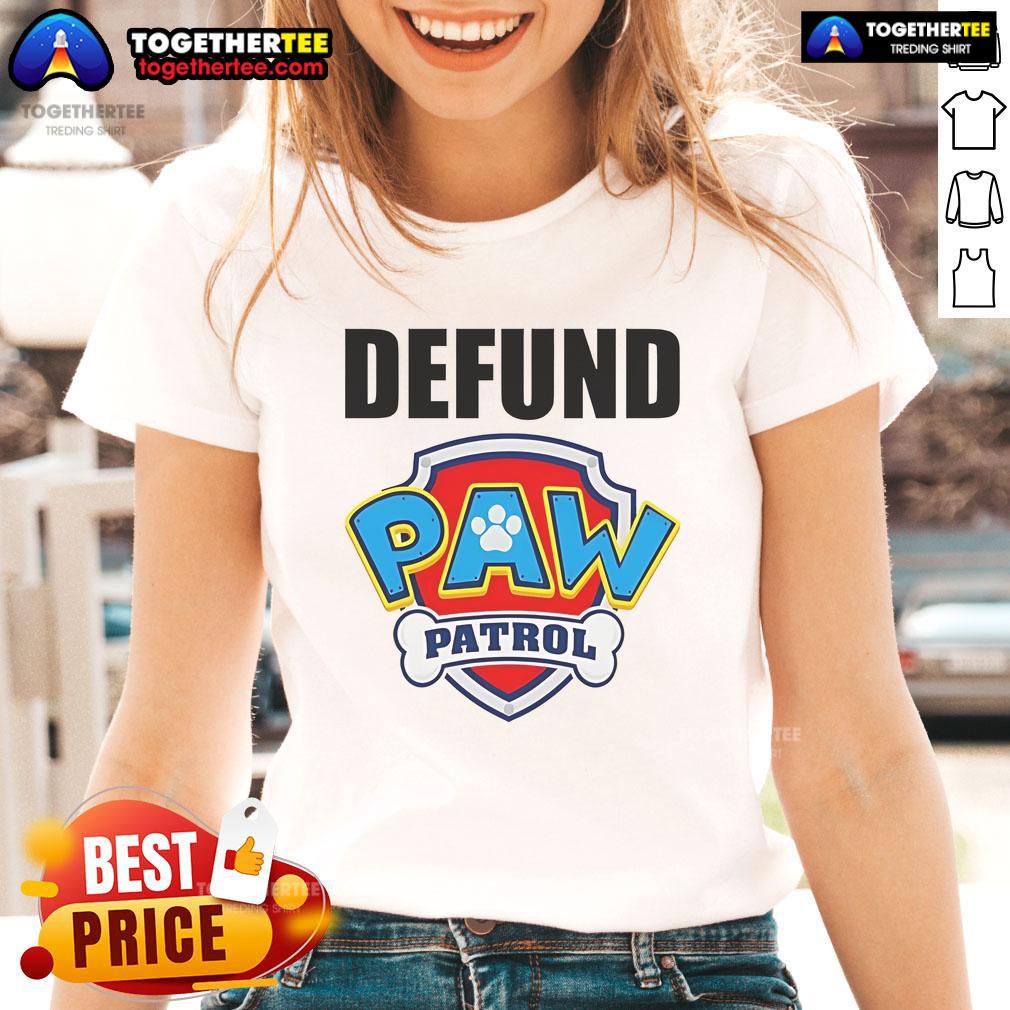 Official Defund Paw Patrol logo on a stylish ladies tee, perfect for fans advocating for children's media reform.