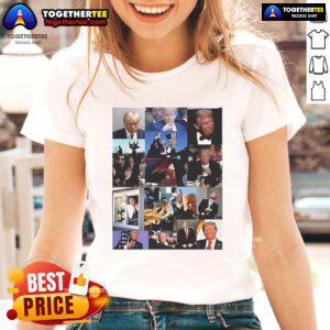 Official Donald Trump meme collage on a ladies tee, featuring iconic quotes and images for a fun, trendy look.