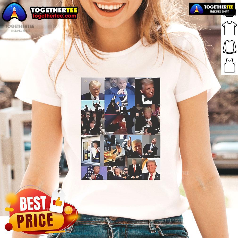 Official Donald Trump meme collage on a ladies tee, featuring iconic quotes and images for a fun, trendy look.