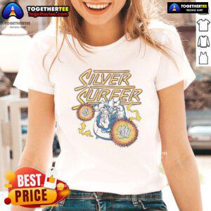 Alt Text: Stylish 'Official Fantastic Four Silver Surfer Ladies Tee' featuring vibrant graphics of Silver Surfer on a comfortable shirt.