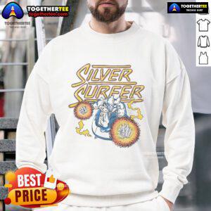 Alt Text: Official Fantastic Four Silver Surfer sweatshirt featuring vibrant graphics and a cozy design for fans and collectors.