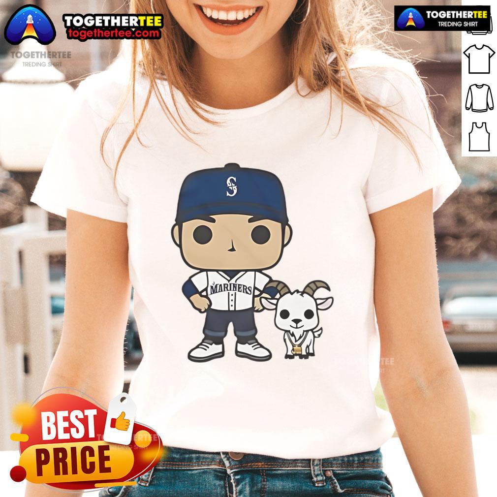 Official GOATed Ichiro and Junior Seattle Mariners ladies tee featuring iconic players in stylish design.
