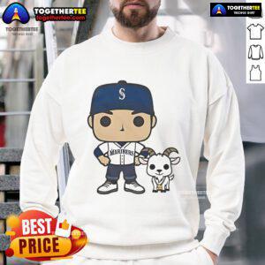 Alt Text: Official GOATed Ichiro and Junior Seattle Mariners sweatshirt featuring iconic player graphics and team colors.