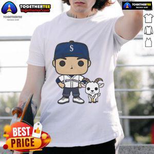 Official Goated Ichiro and Junior The Goat Seattle Mariners T-Shirt showcasing iconic players and vibrant team colors.