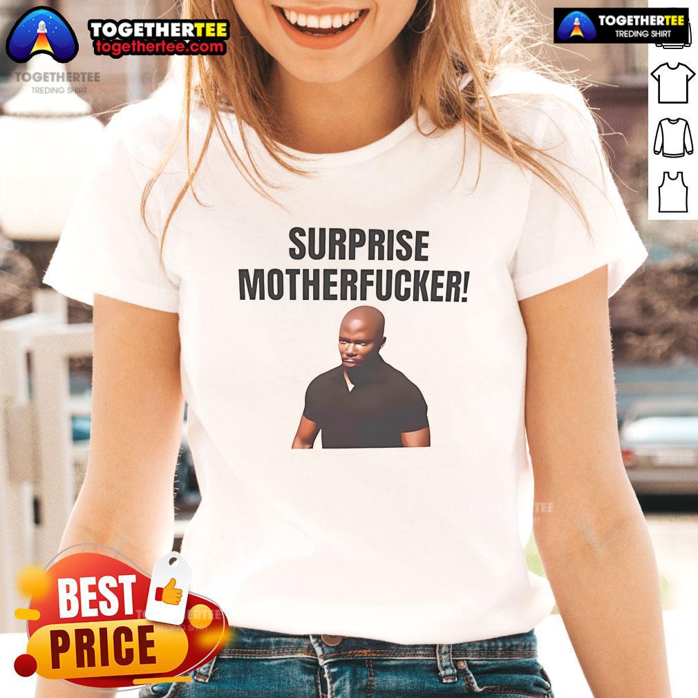 Official James Doakes Surprise Motherfucker Ladies Tee featuring bold graphic design for Dexter fans.