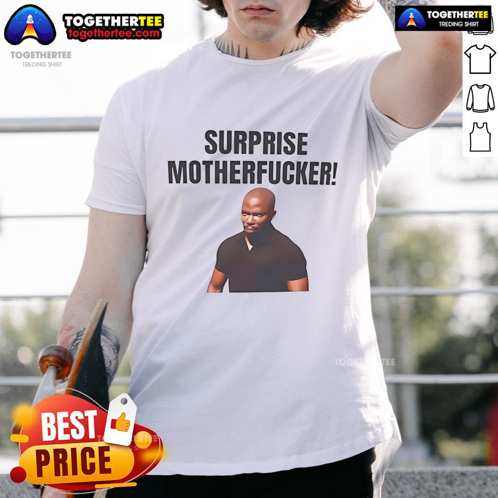 Official James Doakes Surprise Motherfucker T-Shirt featuring bold text design, perfect for Dexter fans and collectors.