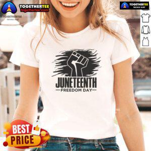Official Juneteenth Freedom Day Fist Ladies Tee featuring a powerful graphic symbolizing empowerment and celebration.