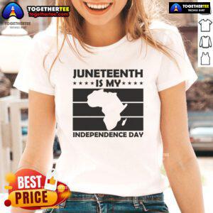 Official Juneteenth Is My Independence Day Ladies Tee featuring vibrant colors and a bold design celebrating freedom.