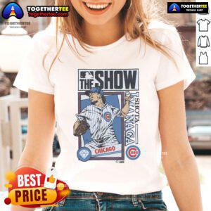 Official MLB The Show Cubs Shota Imanaga ladies tee featuring vibrant team colors and stylish design for baseball fans.