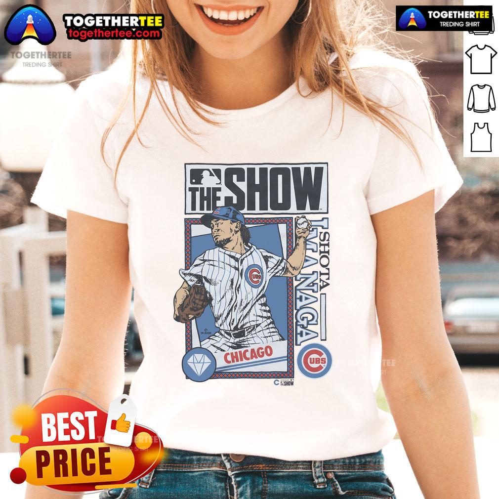 Official MLB The Show Cubs Shota Imanaga ladies tee featuring vibrant team colors and stylish design for baseball fans.