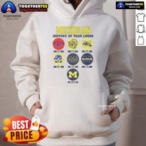 Official Michigan History of Team Logos Hoodie showcasing iconic designs and vibrant colors, perfect for fans.
