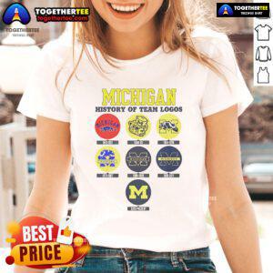 Official Michigan History of Team Logos Ladies Tee showcasing vintage sports team logos in a stylish design.