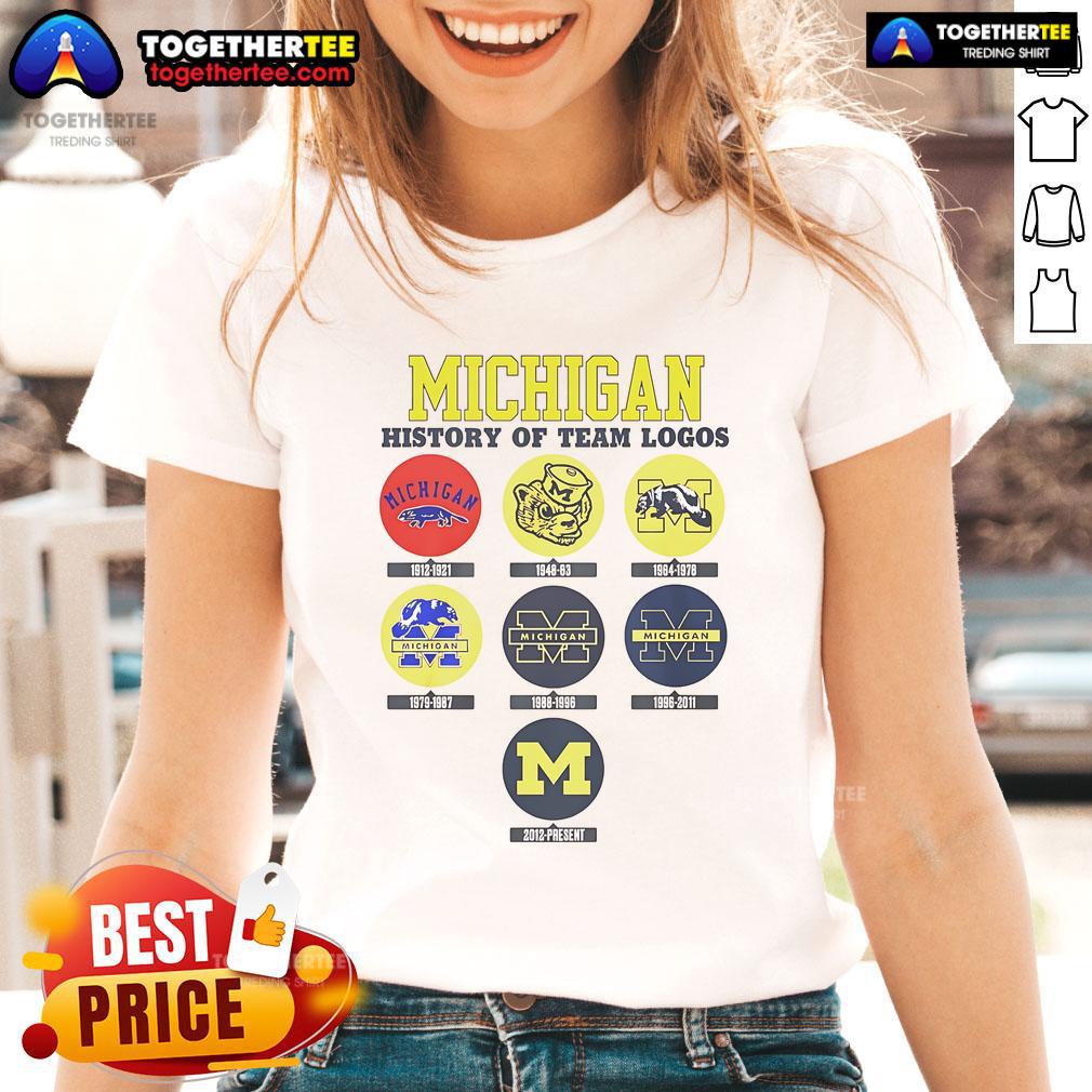 Official Michigan History of Team Logos Ladies Tee showcasing vintage sports team logos in a stylish design.