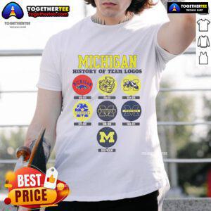 Official Michigan History Of Team Logos T-Shirt featuring iconic Michigan sports team logos in vibrant colors.