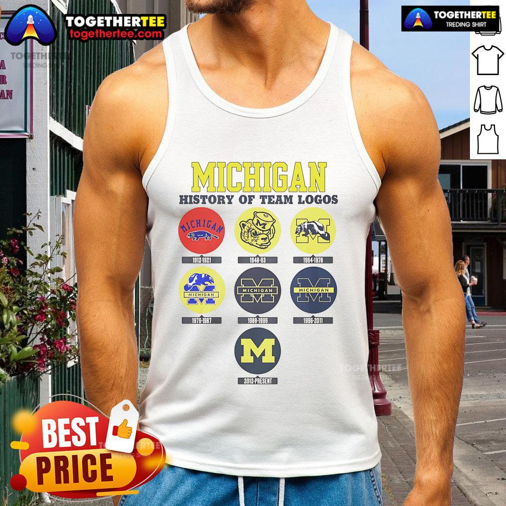 Official Michigan History of Team Logos tank top featuring iconic team logo designs and vibrant colors.