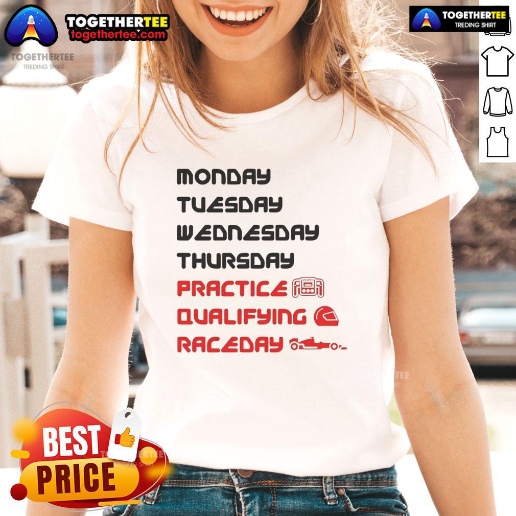 Official Monday Tuesday Wednesday Thursday Practice Qualifying Race Day Ladies Tee featuring vibrant racing graphics.