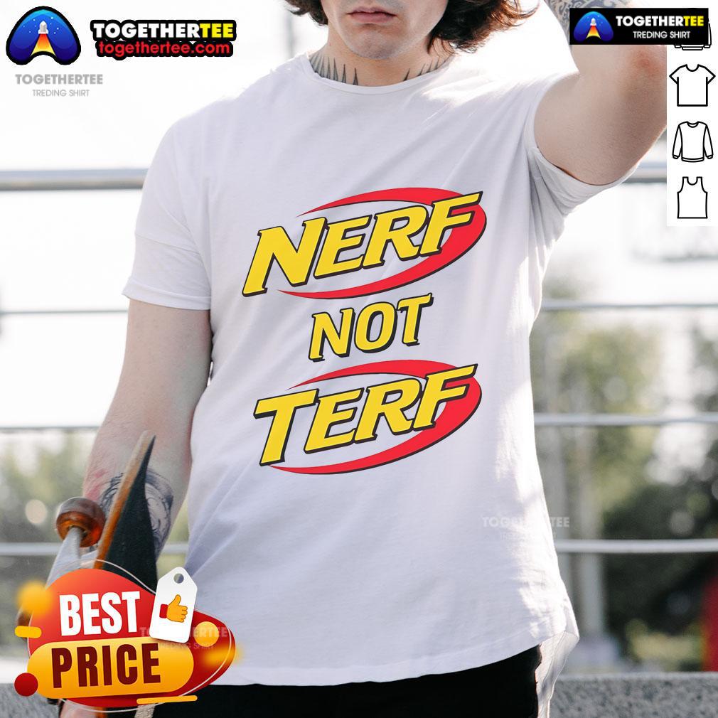 Official Nerf Not Terf T-Shirt featuring bold graphics promoting inclusivity and fun in a vibrant design.