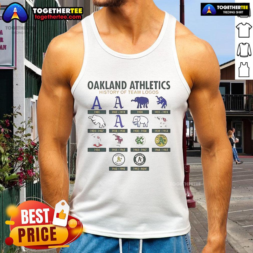 Official Oakland Athletics 1901 history of team logos tank top featuring classic designs and vibrant colors.