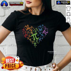 Rainbow heart design on Official Pi Day shirt for math lovers celebrating LGBT pride in a stylish ladies tee.