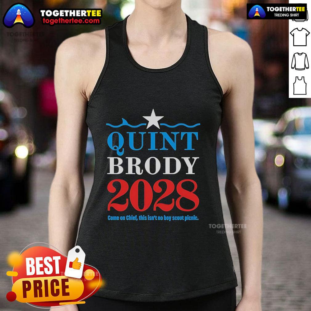 Official Quint Brody 2028 tank top featuring 'This Isn't No Boy Scout Picnic' slogan in bold design.