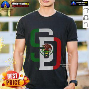 Alt Text: Official San Diego Padres MLB baseball t-shirt featuring the Mexican flag logo, perfect for fans and collectors.