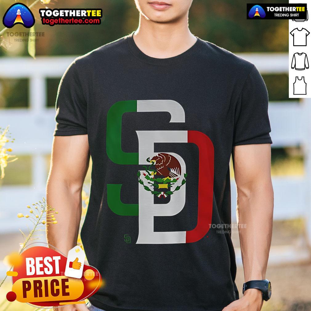 Alt Text: Official San Diego Padres MLB baseball t-shirt featuring the Mexican flag logo, perfect for fans and collectors.