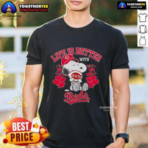 Alt Text: Official Snoopy Life Is Better With Reds T-Shirt featuring a playful Snoopy graphic and vibrant red design.