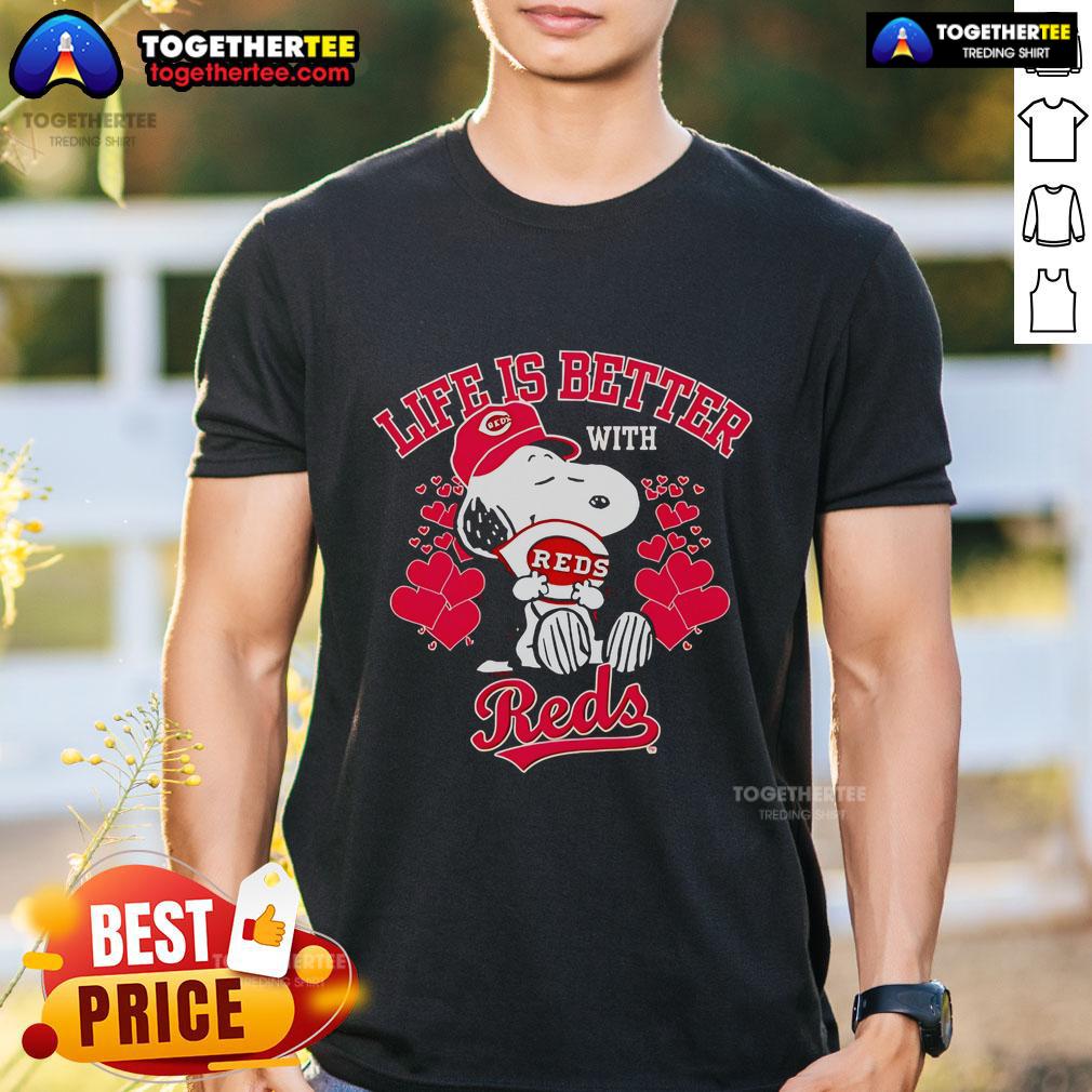 Alt Text: Official Snoopy Life Is Better With Reds T-Shirt featuring a playful Snoopy graphic and vibrant red design.
