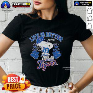 Official Snoopy Life Is Better With Tigers Ladies Tee showcasing a stylish design featuring Snoopy and tigers.