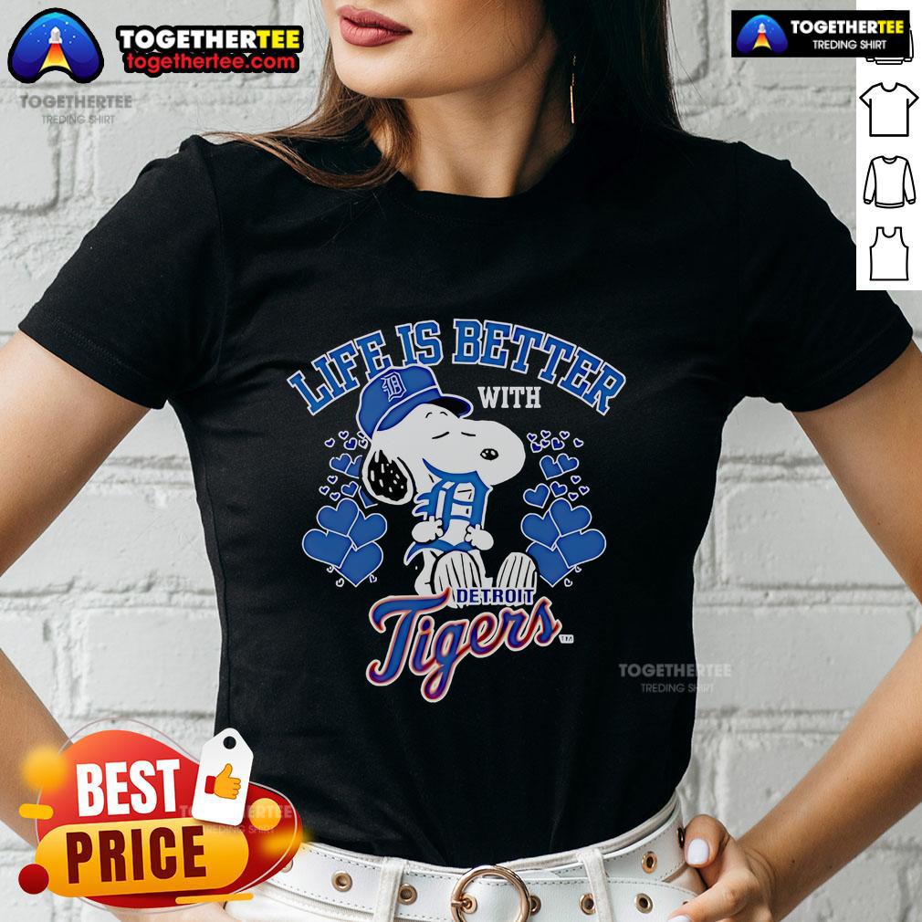 Official Snoopy Life Is Better With Tigers Ladies Tee showcasing a stylish design featuring Snoopy and tigers.