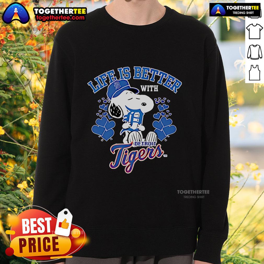 Official Snoopy Life Is Better With Tigers Sweatshirt featuring a playful Snoopy design and vibrant tiger graphics.